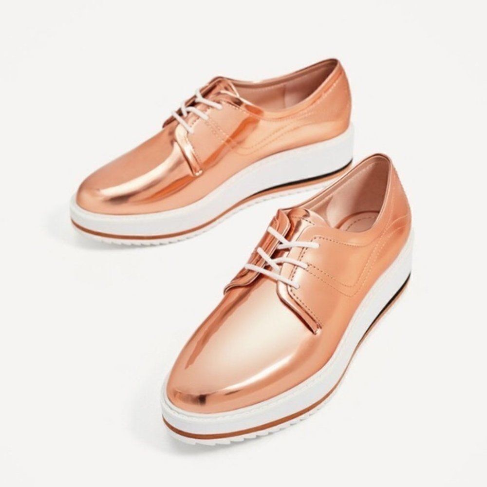Zara Woman Rose‎ Gold Oxfords, Size 8.5 (39)